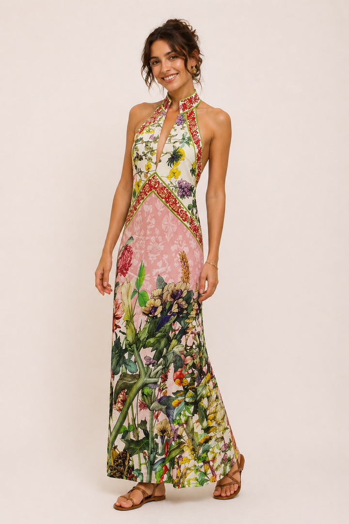 Lange halterjurk met bloemensplit - Valery
