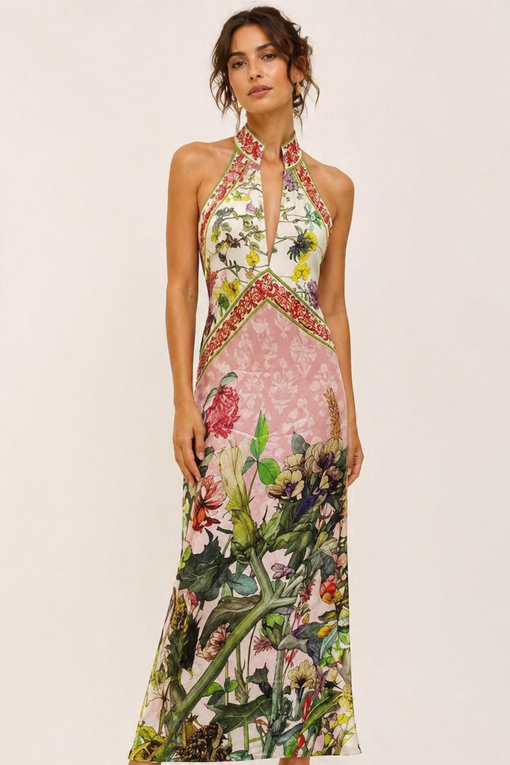Lange halterjurk met bloemensplit - Valery
