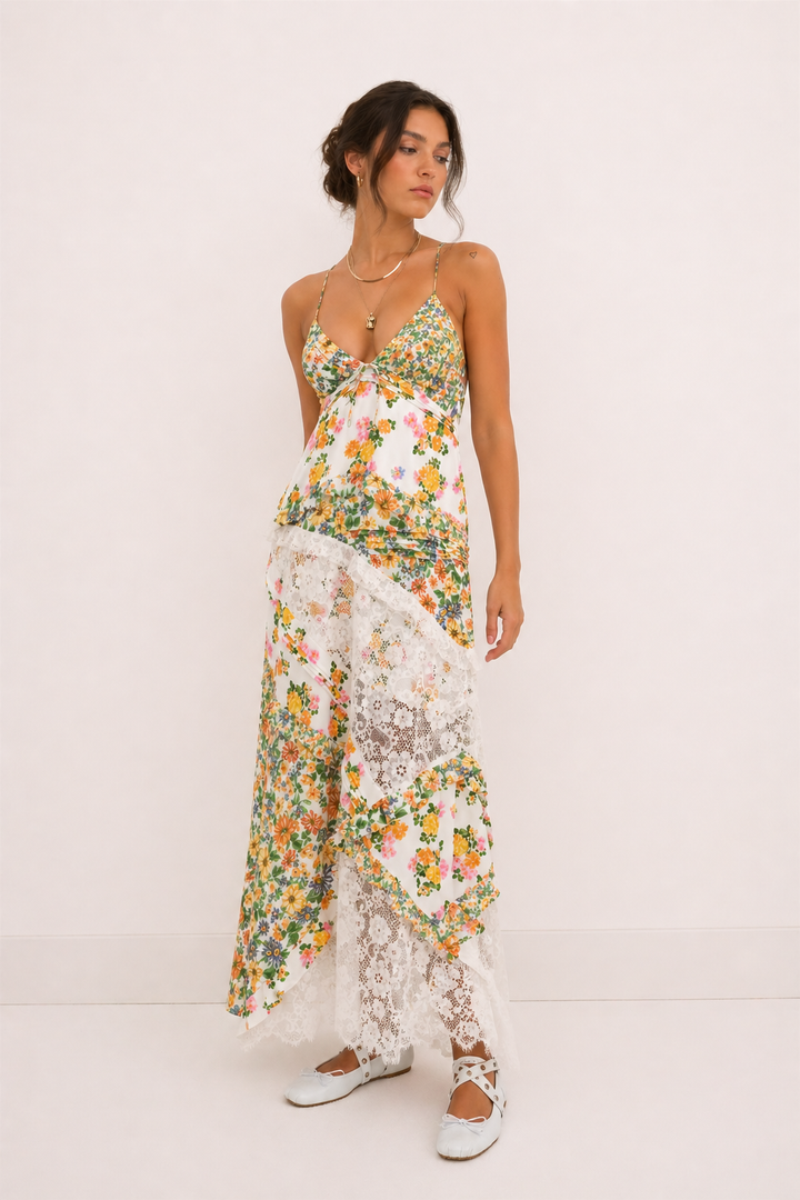 Lange damesjurk bloemenprint zomer kant - Danira