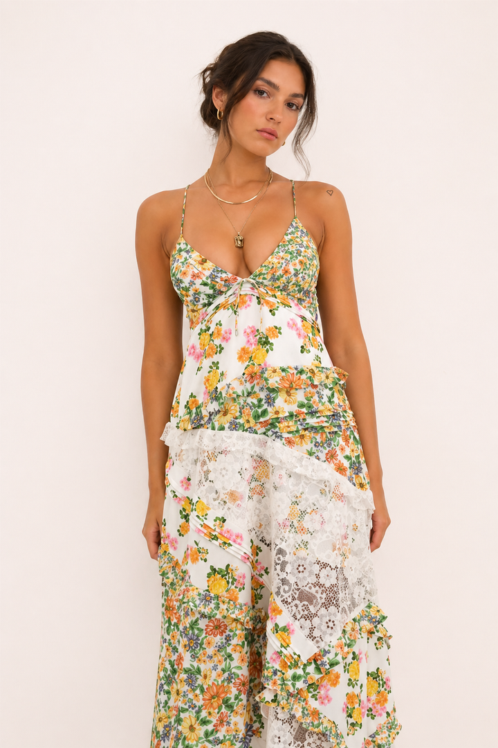 Lange damesjurk bloemenprint zomer kant - Danira