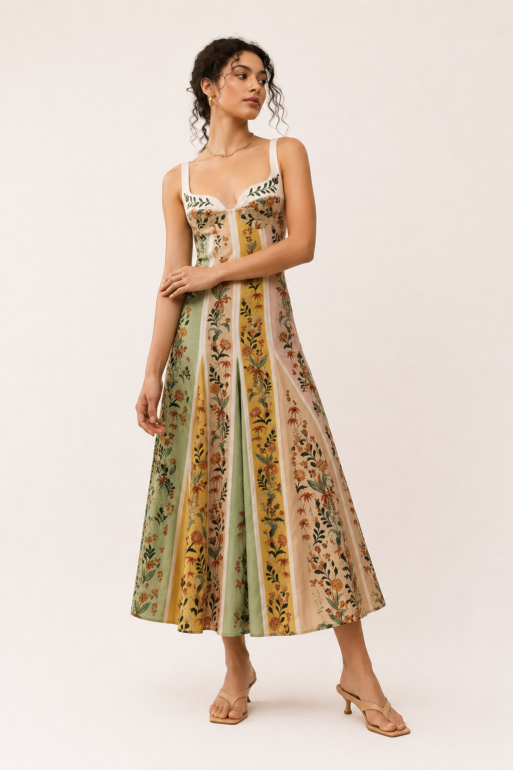 Dames midi-jurk met bandjes bloemenprint zomer slim fit - Lorena