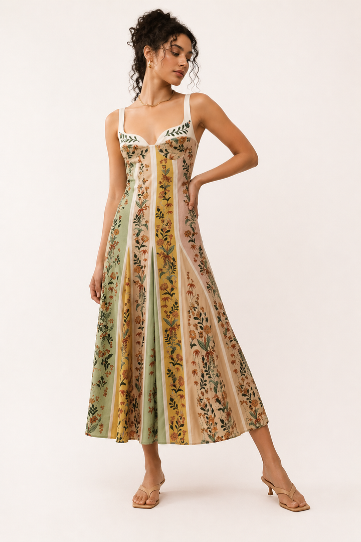 Dames midi-jurk met bandjes bloemenprint zomer slim fit - Lorena
