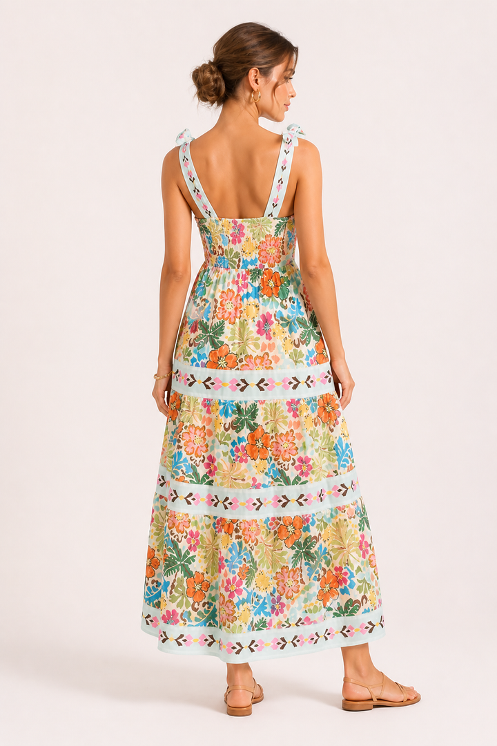 Dames midi-jurk met zomerbandjes met bloemenprint - Estela