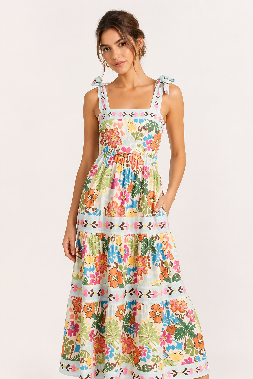 Dames midi-jurk met zomerbandjes met bloemenprint - Estela