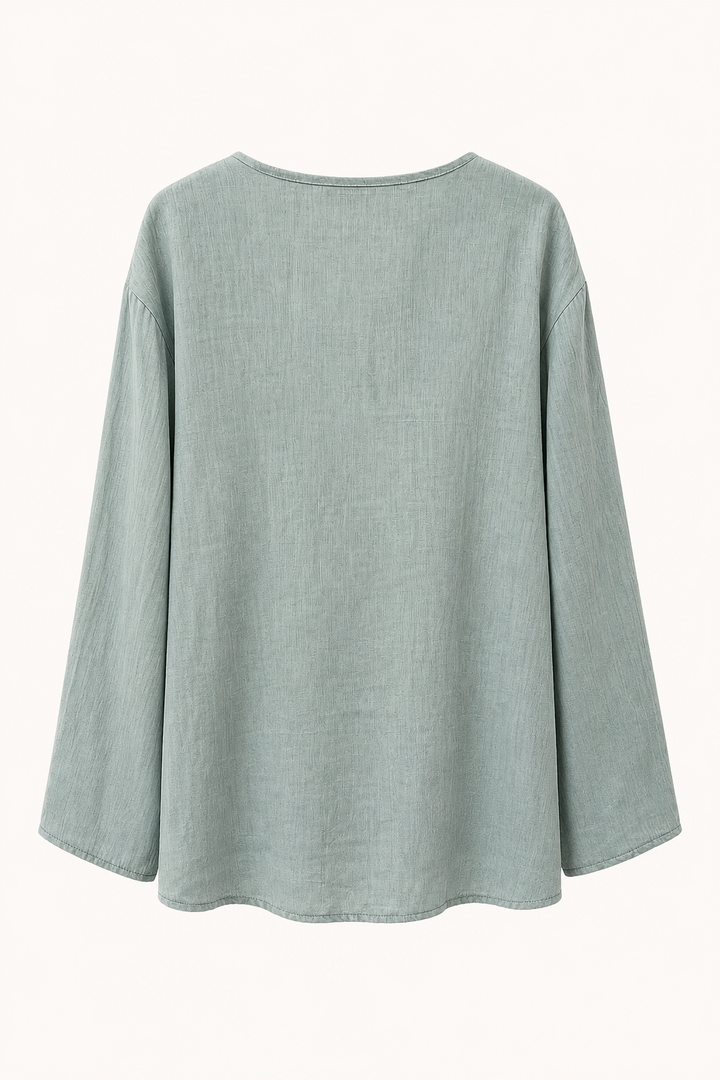Linnen damesblouse met lange mouwen en V-hals - Kamila