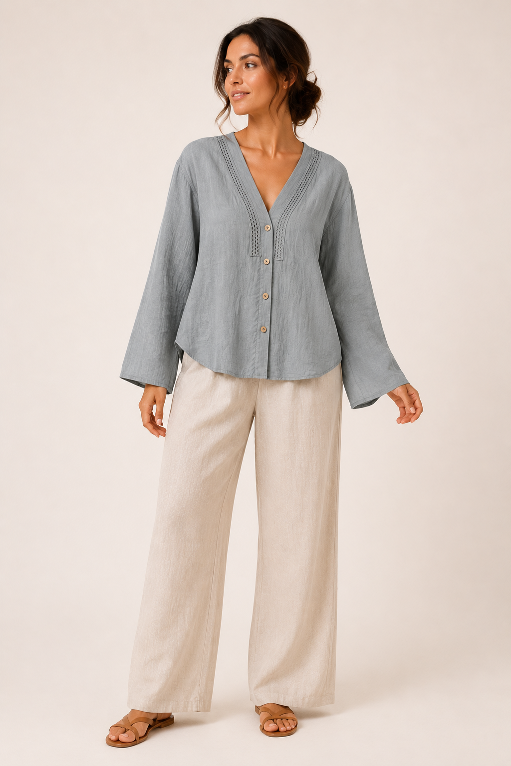 Linnen damesblouse met lange mouwen en V-hals - Kamila