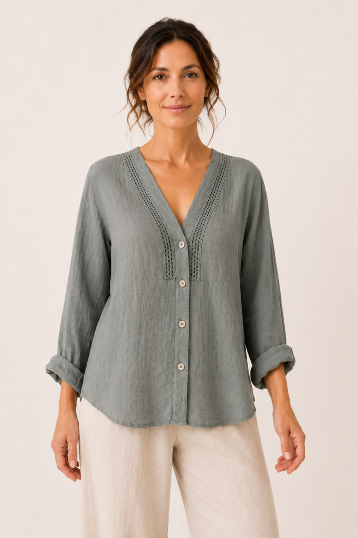 Linnen damesblouse met lange mouwen en V-hals - Kamila