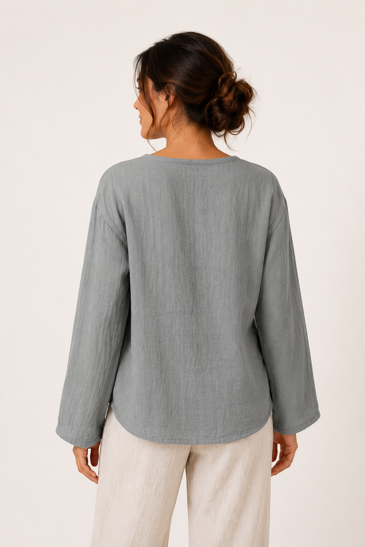 Linnen damesblouse met lange mouwen en V-hals - Kamila