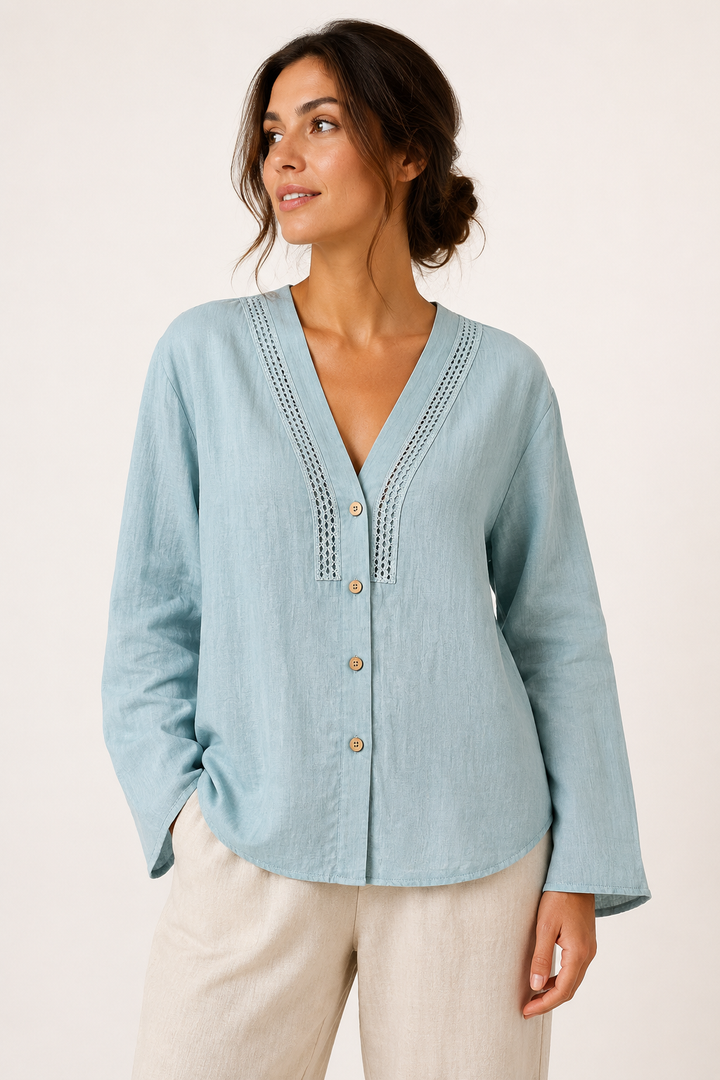 Linnen damesblouse met lange mouwen en V-hals - Kamila