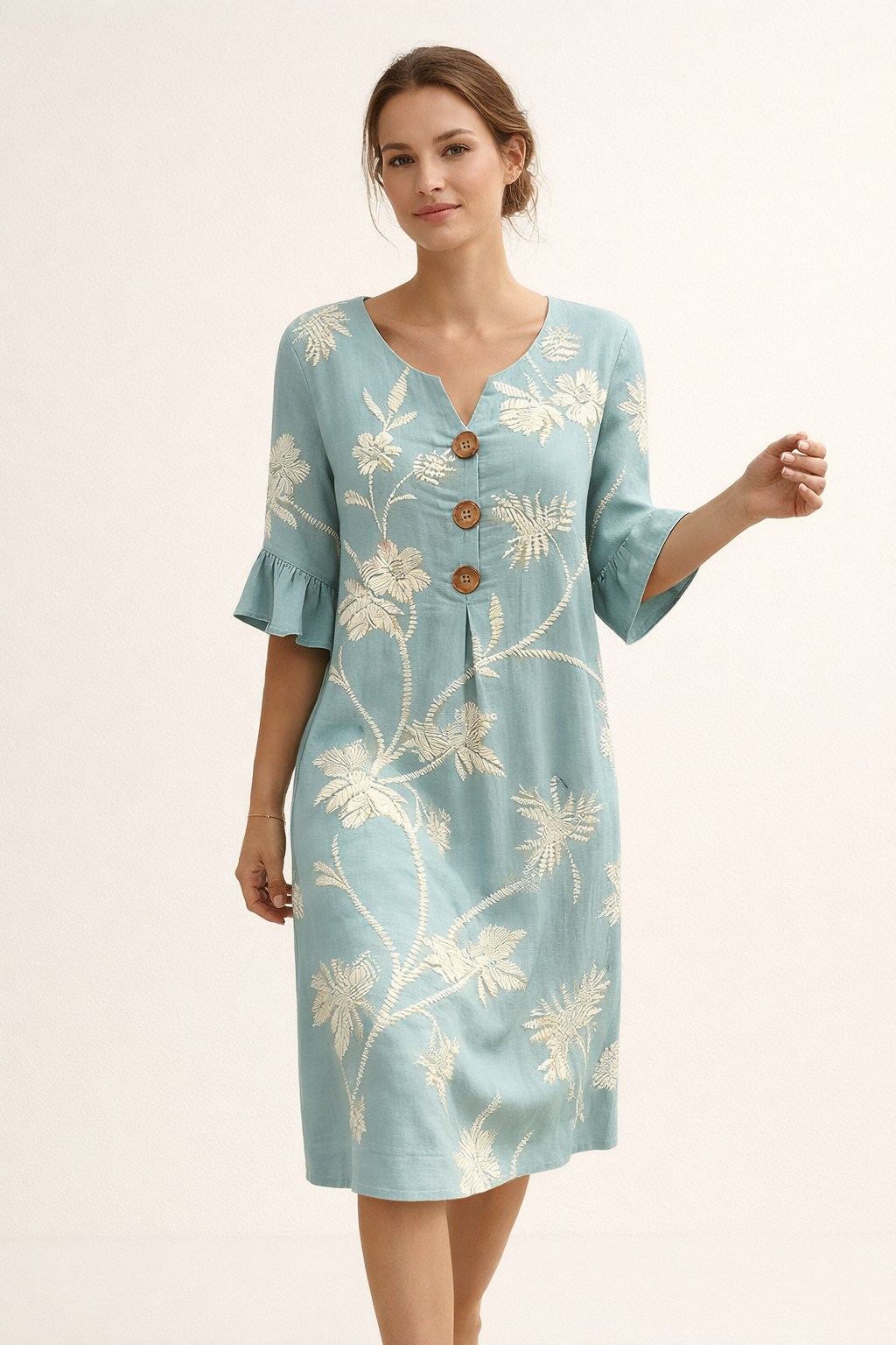 Gebloemde midi-jurk met knopen voor dames - Lucia
