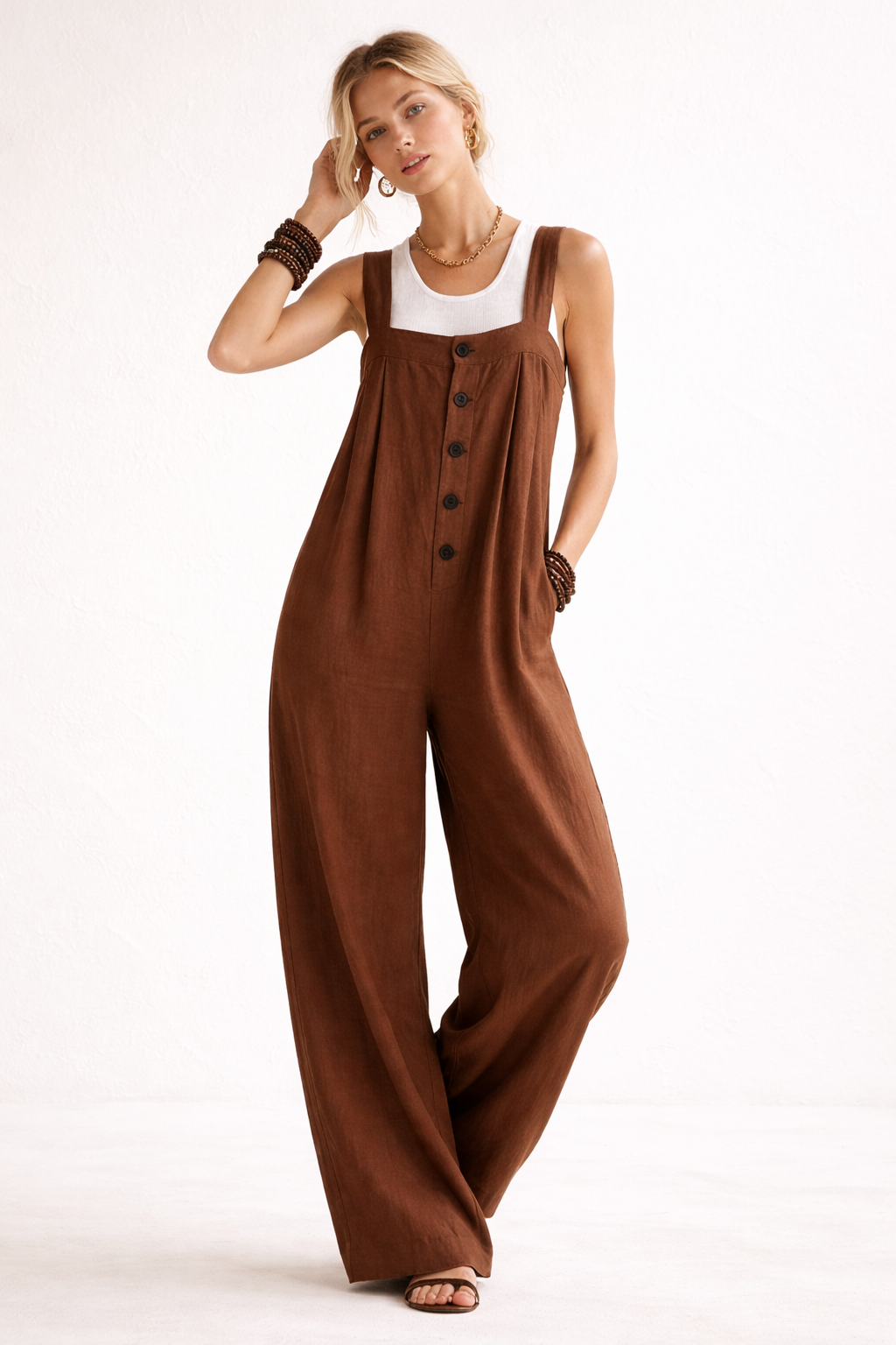 Lange jumpsuit met brede banden en knopen vooraan voor dames - Corinna
