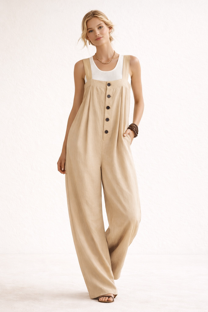Lange jumpsuit met brede banden en knopen vooraan voor dames - Corinna