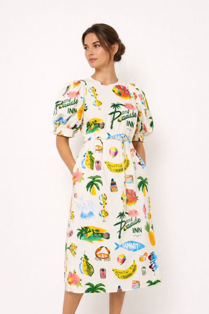 Damesjurk met pofmouwprint zomerstijl casual comfortabel - Stella