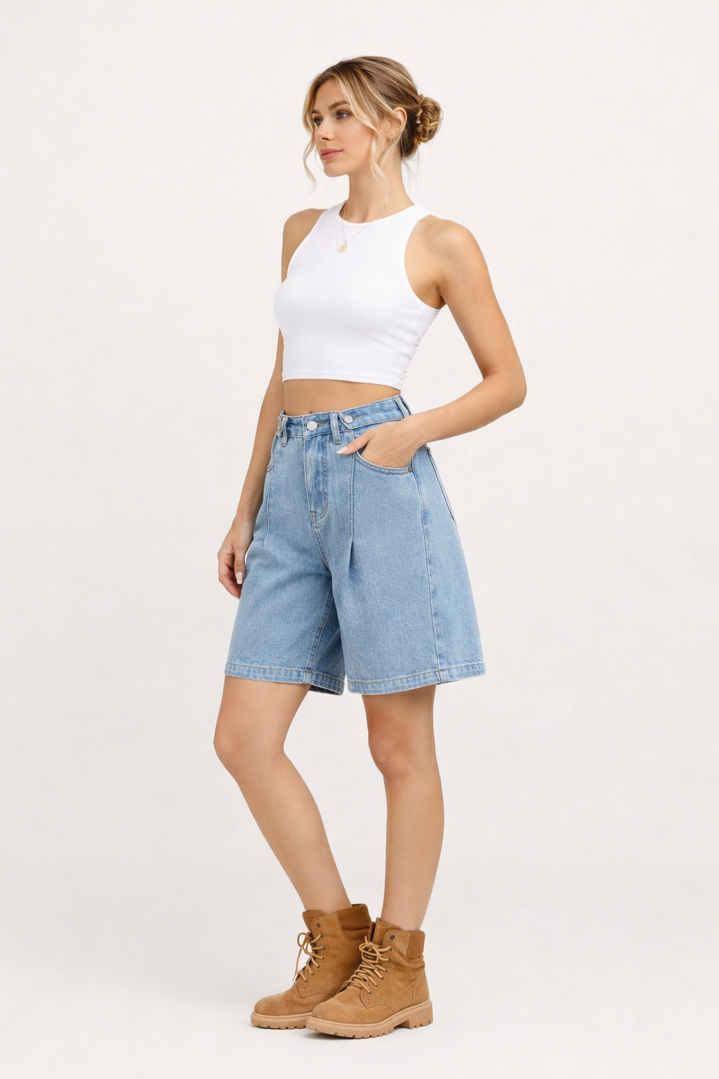 Dames denim bermuda met verstelbare knopen - Erika