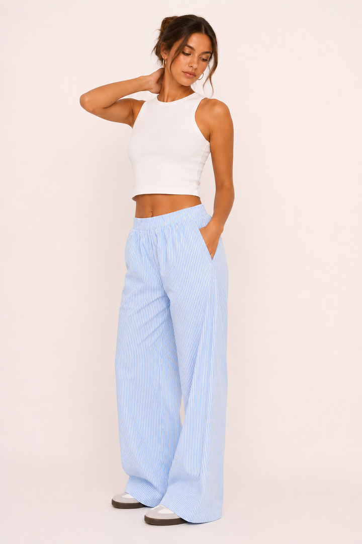 Dames casual broek gestreept wijd uitgesneden comfortabele elastische tailleband - Naire