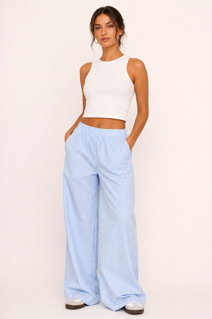 Dames casual broek gestreept wijd uitgesneden comfortabele elastische tailleband - Naire