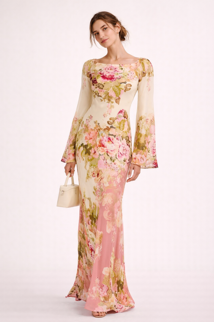 Dames maxi-jurk met bloemenprint en uitlopende mouwen - Helga