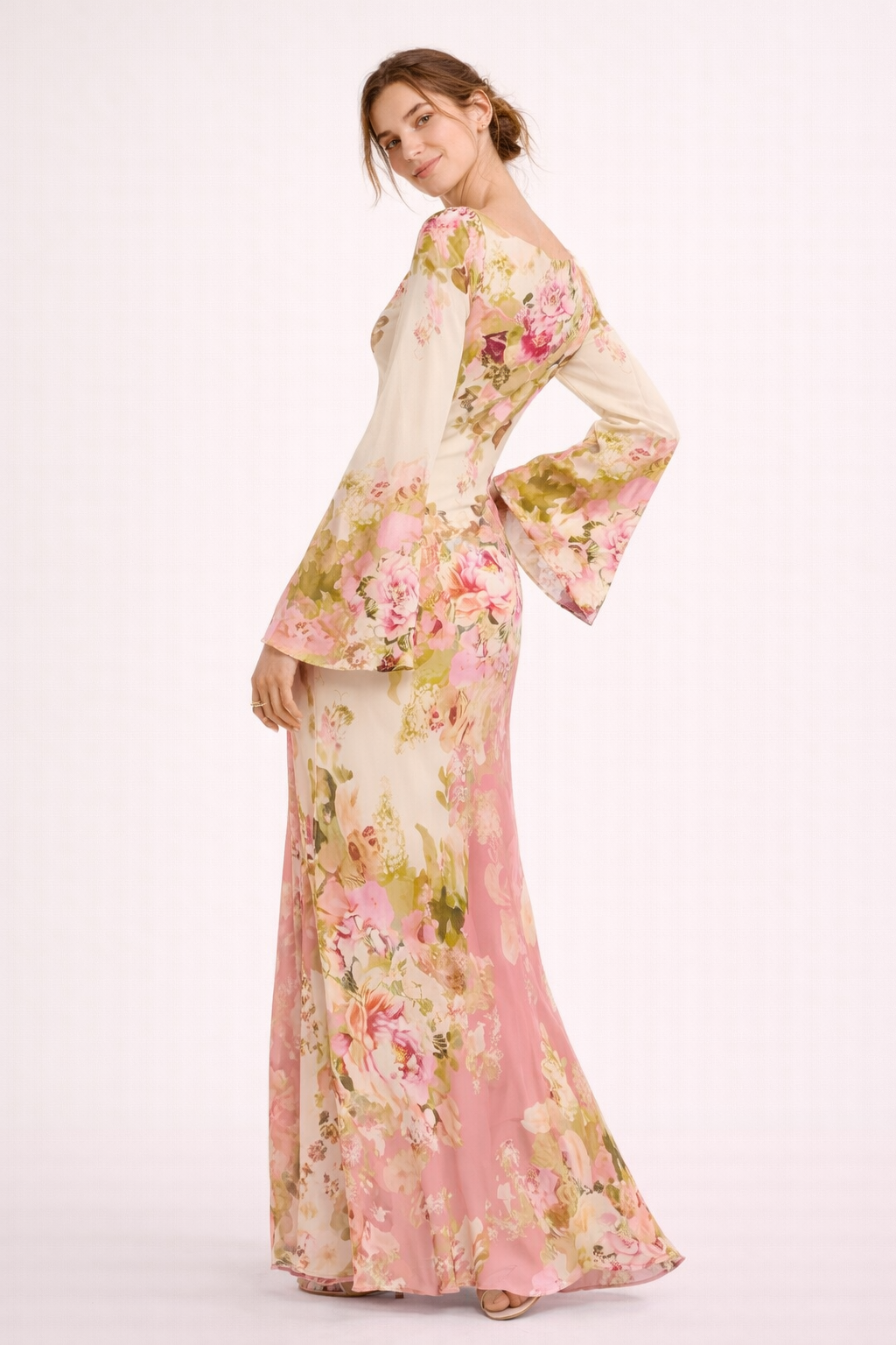 Dames maxi-jurk met bloemenprint en uitlopende mouwen - Helga