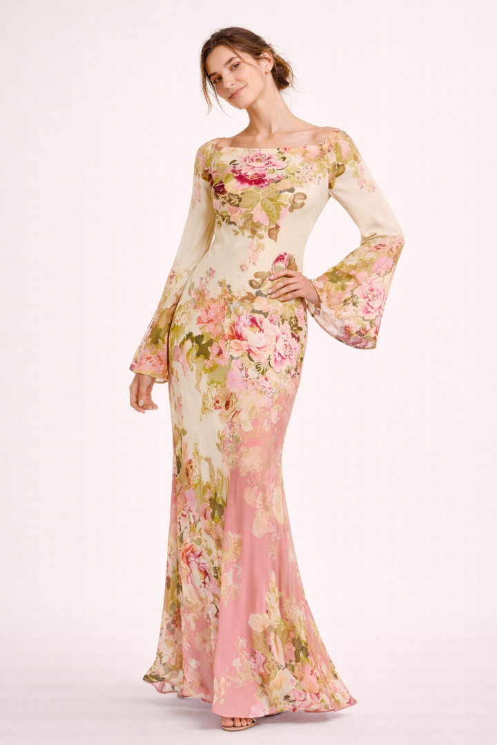 Dames maxi-jurk met bloemenprint en uitlopende mouwen - Helga