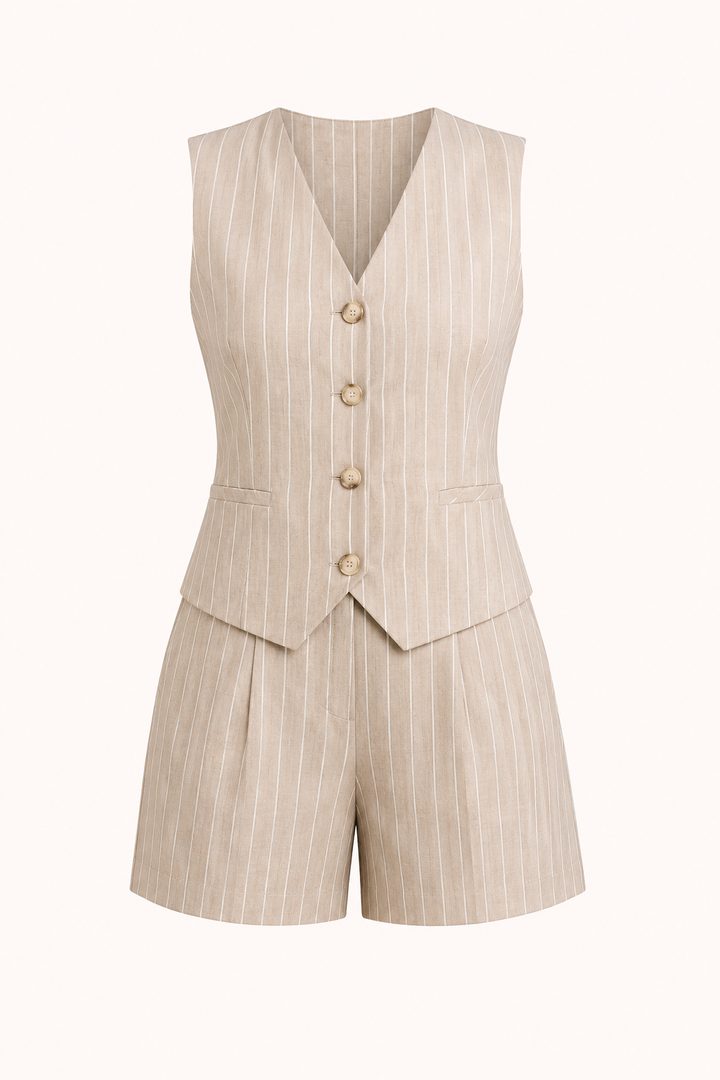 Damesset met gestreept gilet en hoog uitgesneden shorts - Pinny
