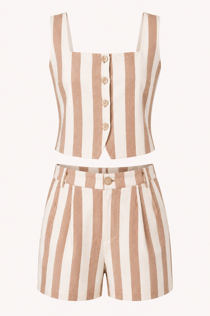 Damesset met gestreept gilet en hoog uitgesneden shorts - Rieke