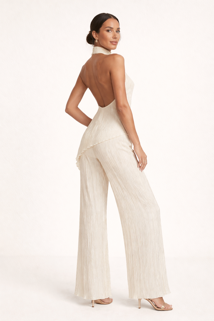 Damesset met geplooide wijde broek en asymmetrische haltertop - Sigrid