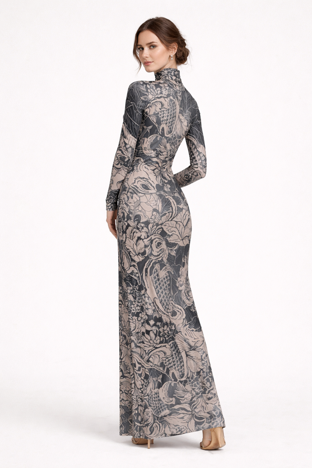 Dames maxi-jurk met lange mouwen, hoge hals en print - Baddie