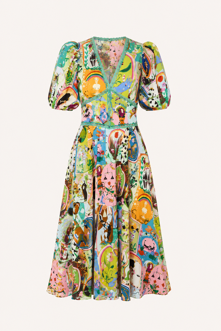 Dames midi-jurk met kleurrijke print en pofmouwtjes - Matilda