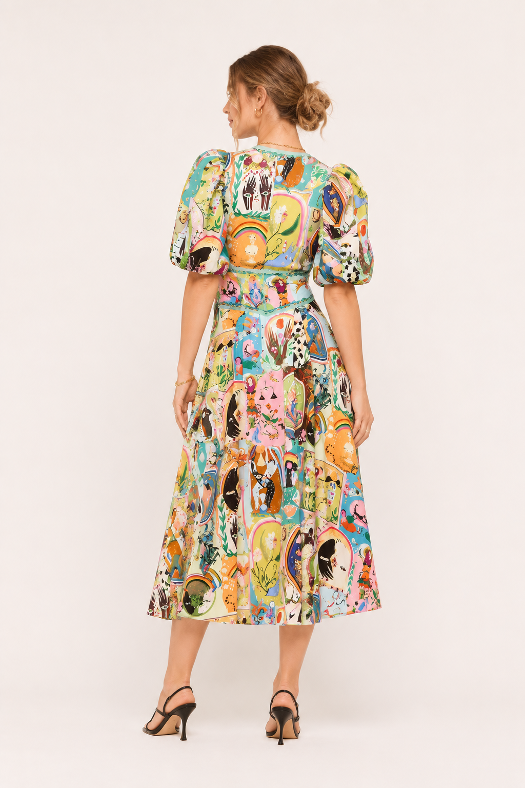 Dames midi-jurk met kleurrijke print en pofmouwtjes - Matilda