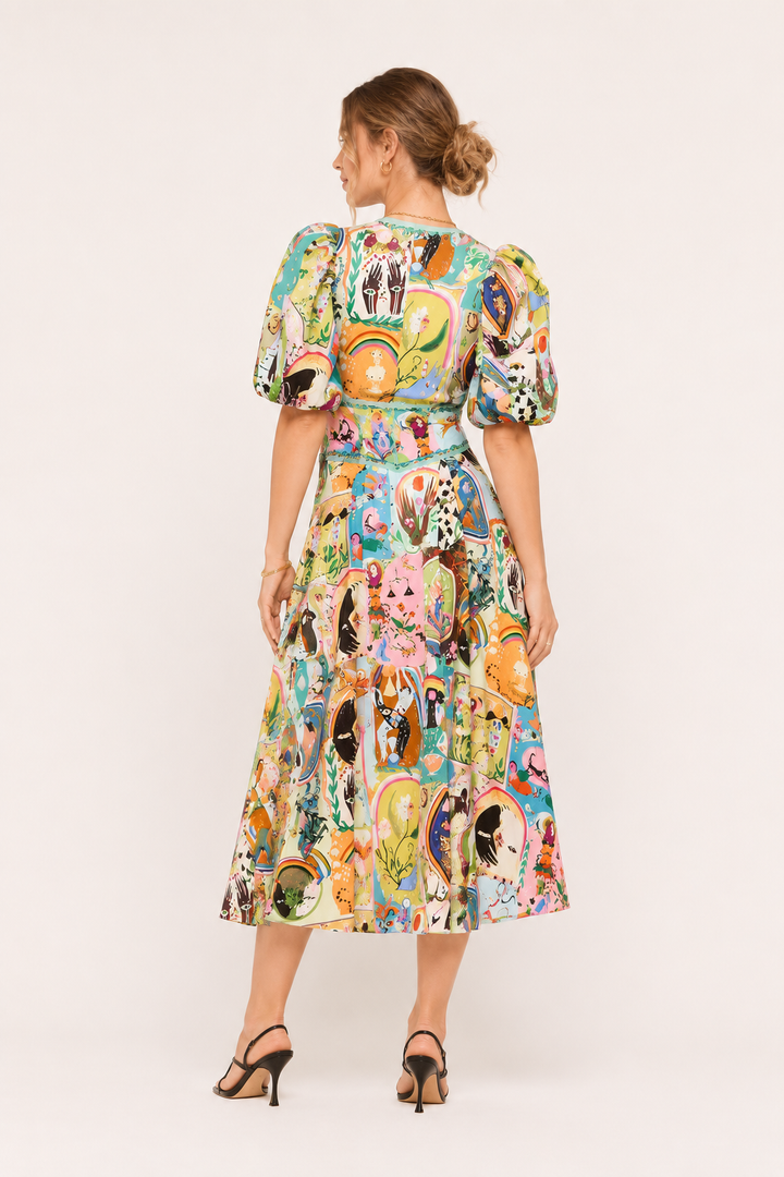 Dames midi-jurk met kleurrijke print en pofmouwtjes - Matilda