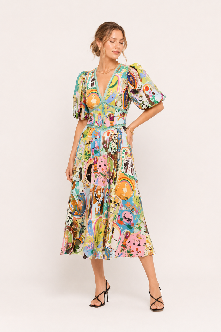 Dames midi-jurk met kleurrijke print en pofmouwtjes - Matilda