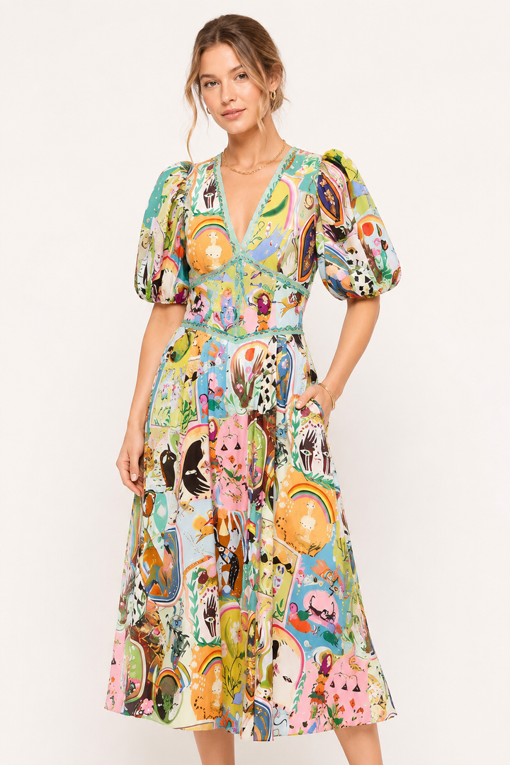 Dames midi-jurk met kleurrijke print en pofmouwtjes - Matilda