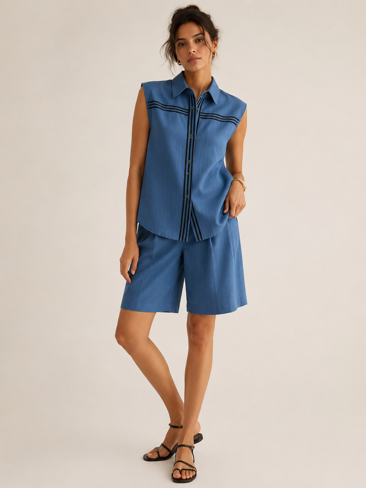 Zomerse tweedelige damesoutfit met mouwloze top en lange short - Serena