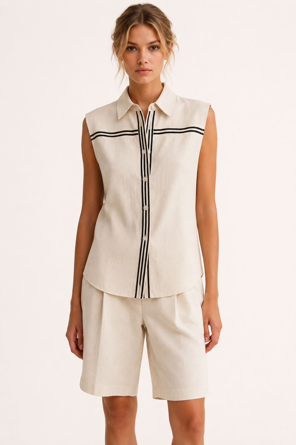 Zomerse tweedelige damesoutfit met mouwloze top en lange short - Serena