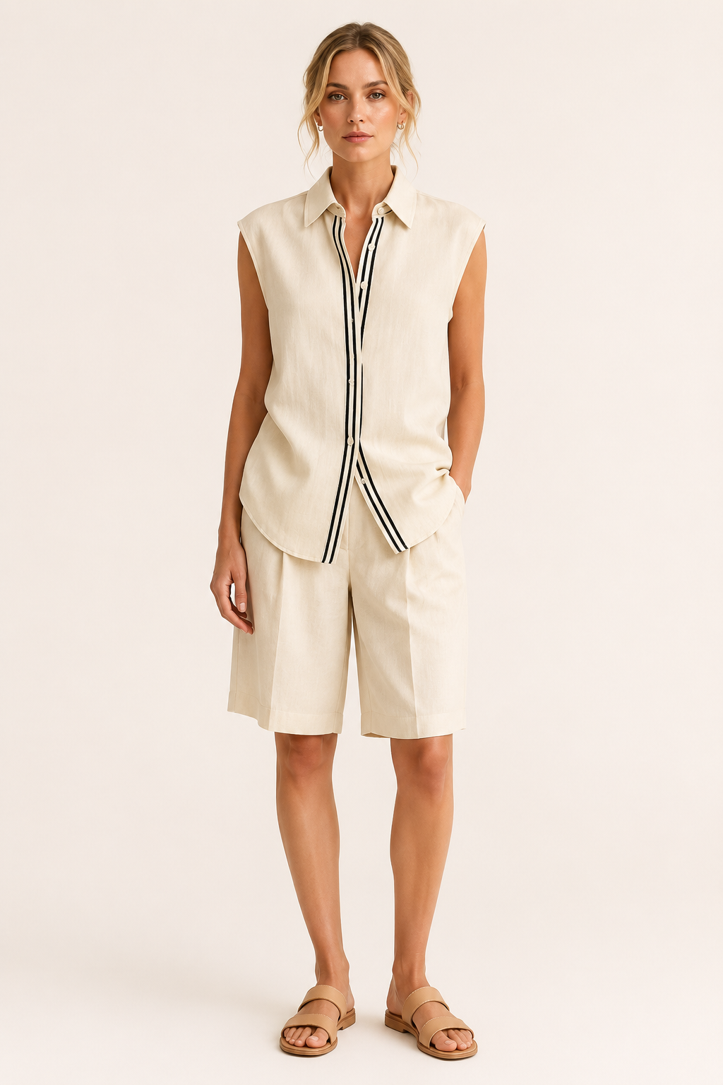 Zomerse tweedelige damesoutfit met mouwloze top en lange short - Serena