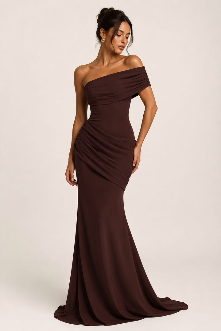 Lange off-the-shoulder damesjurk met elegante feestelijke pasvorm - Aurelia