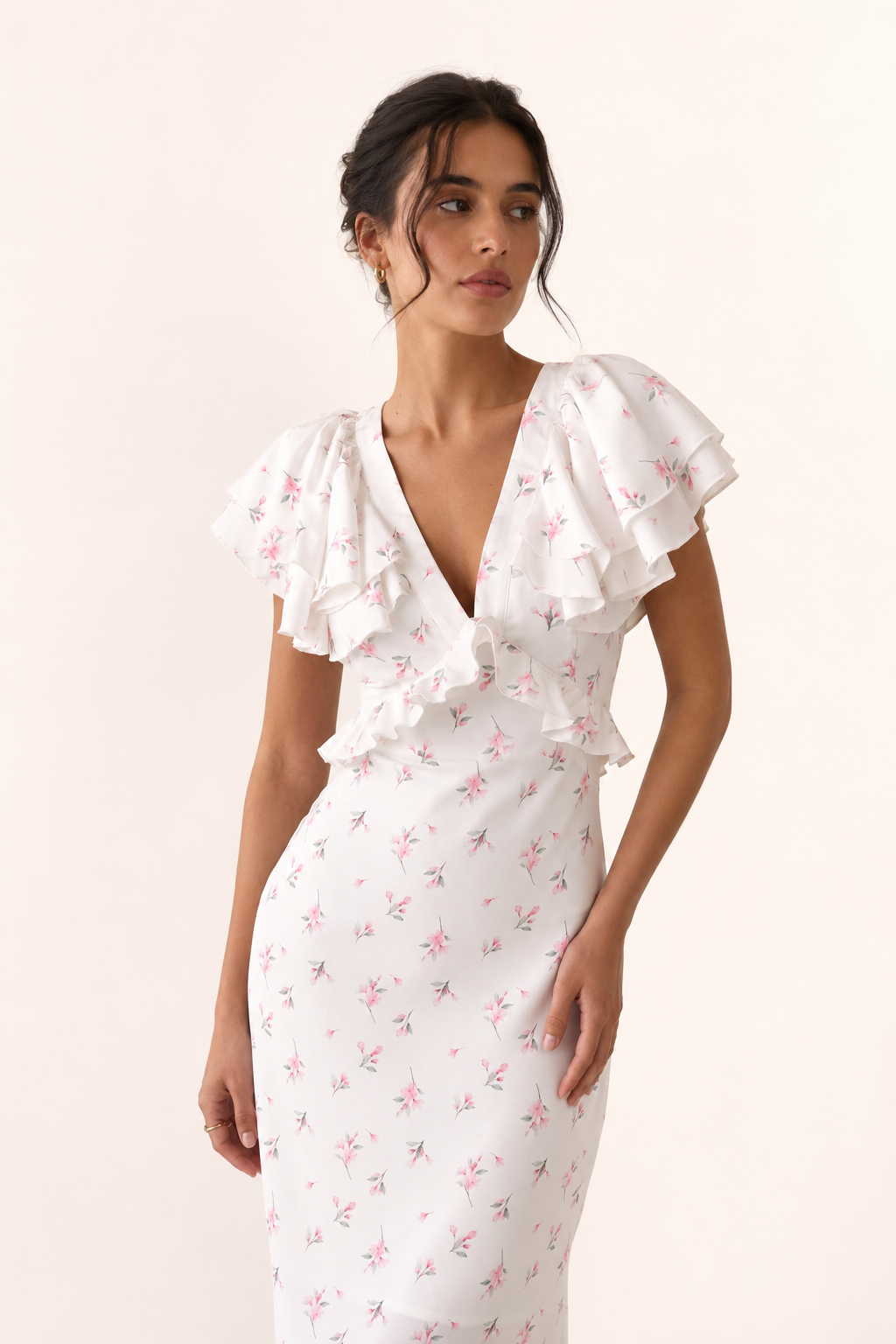 Dames midi-jurk met bloemenprint en ruches elegant casual - Hedda