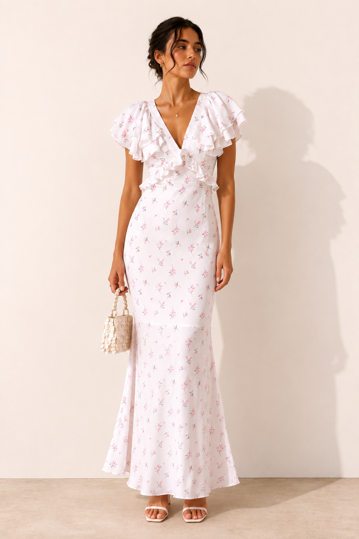 Dames midi-jurk met bloemenprint en ruches elegant casual - Hedda