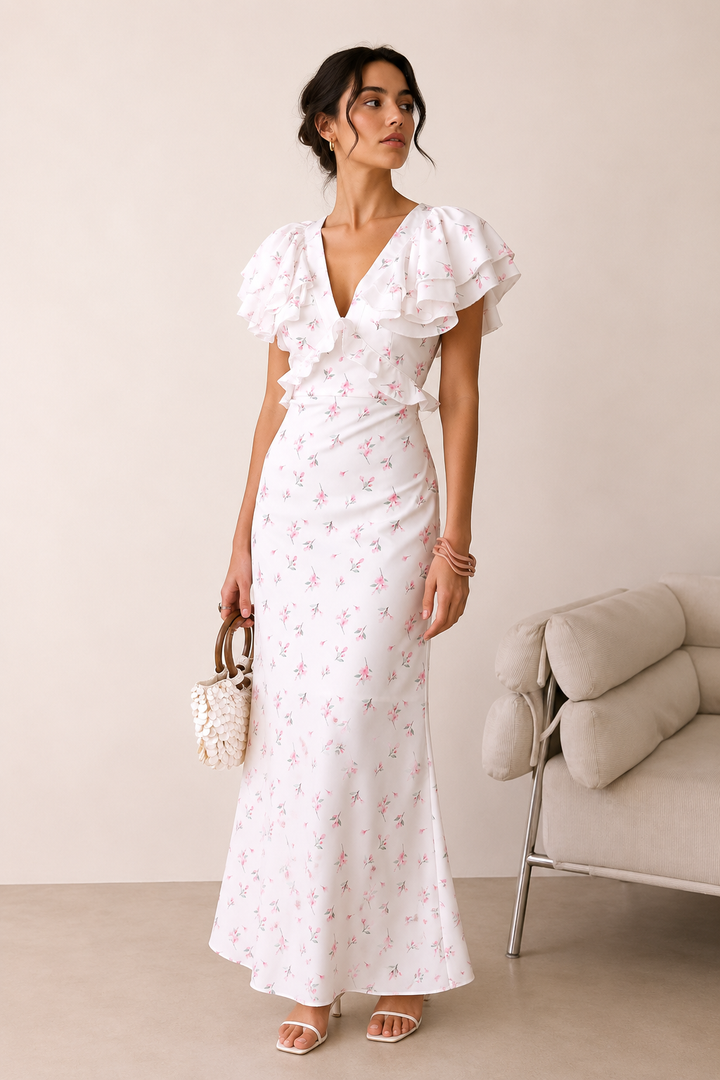 Dames midi-jurk met bloemenprint en ruches elegant casual - Hedda