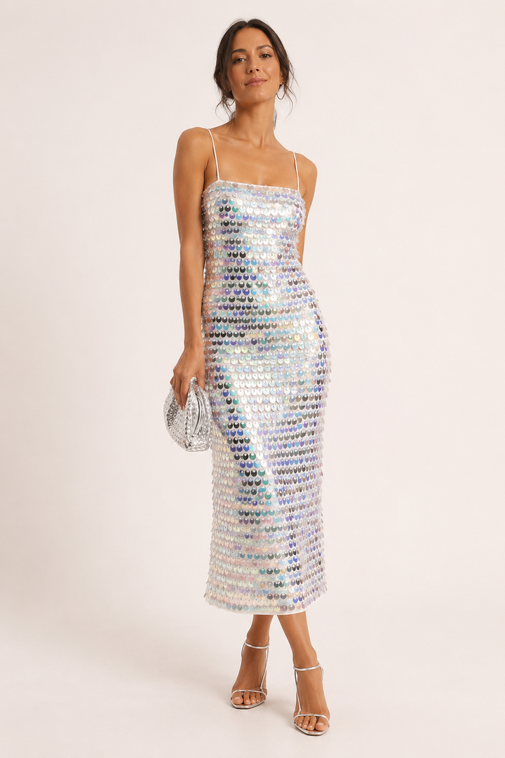 Elegante midi cocktailjurk met glanzende afwerking - Senta