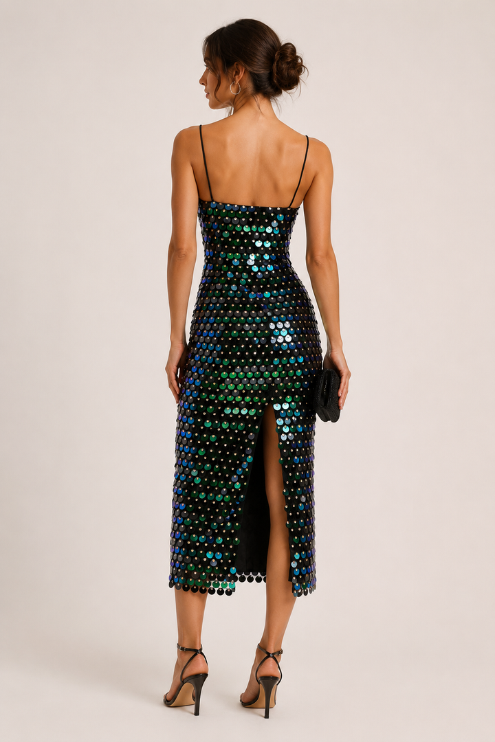 Elegante midi cocktailjurk met glanzende afwerking - Senta