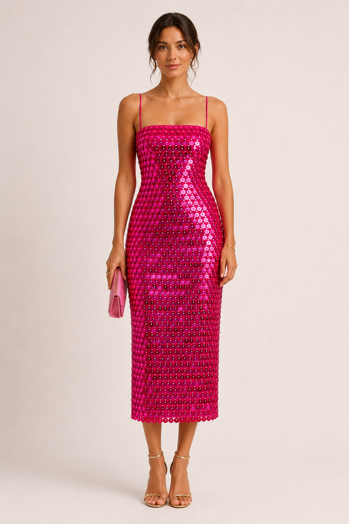 Elegante midi cocktailjurk met glanzende afwerking - Senta