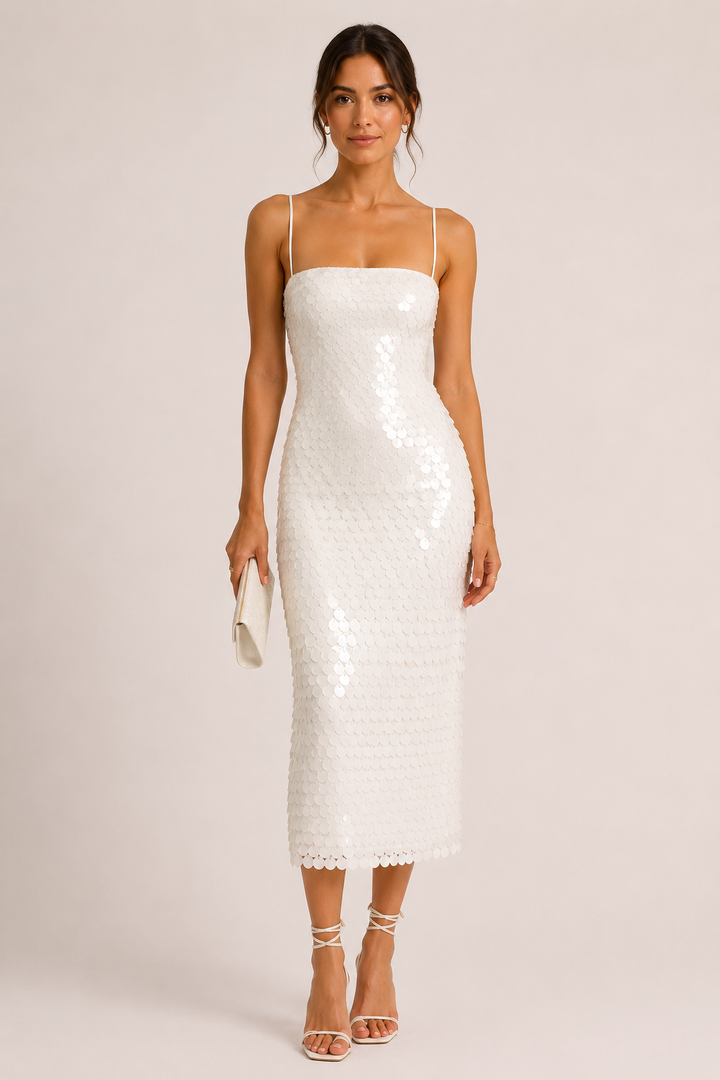 Elegante midi cocktailjurk met glanzende afwerking - Senta