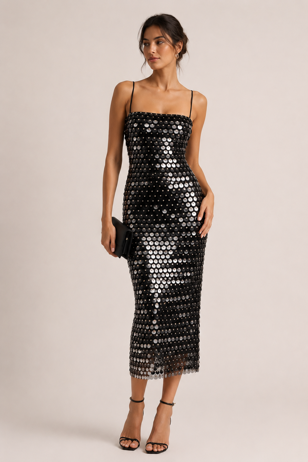 Elegante midi cocktailjurk met glanzende afwerking - Senta