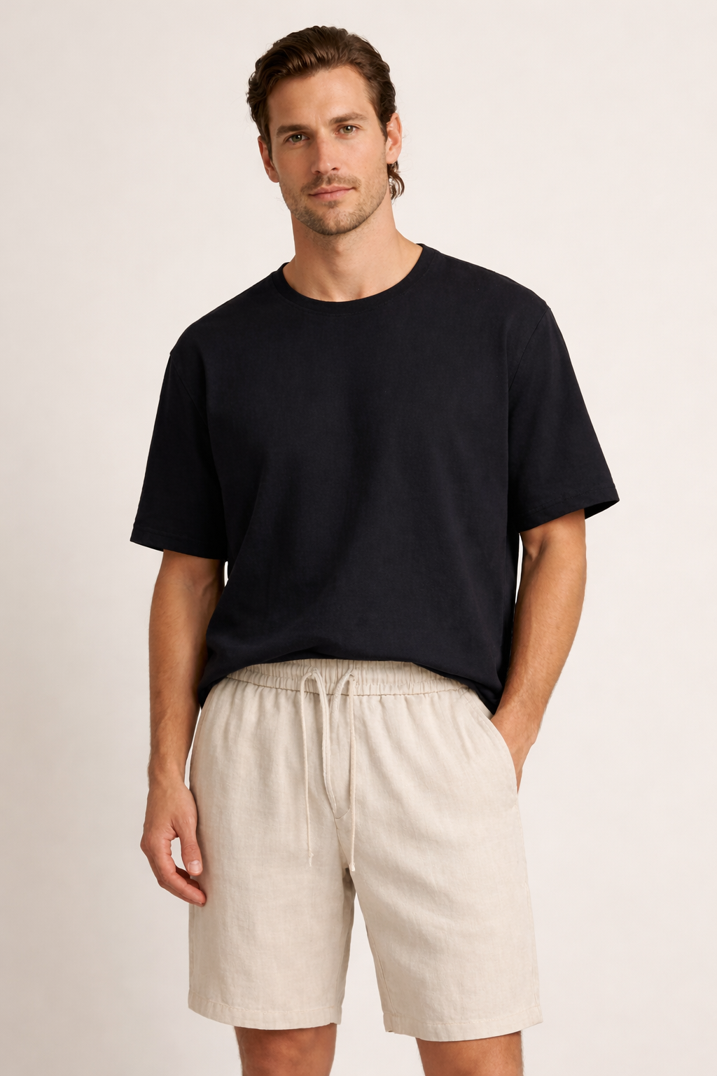 Linnen korte broek met elastische tailleband en koord voor heren - Lecce