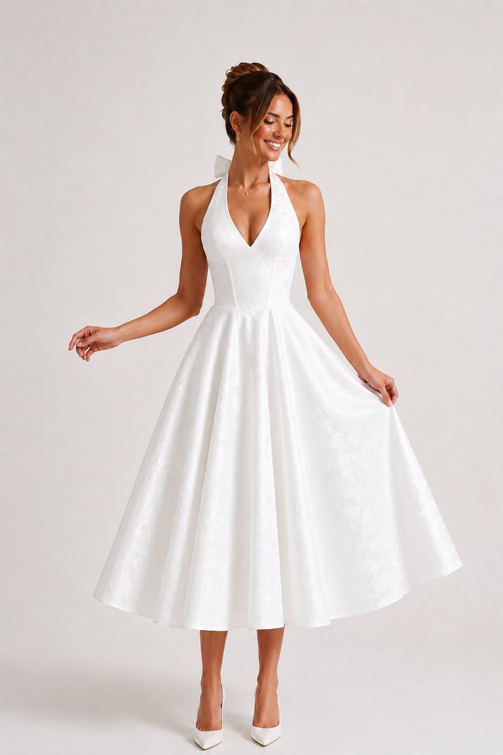 Midi-jurk halter hals vrouw elegante wijde rok - Elodie