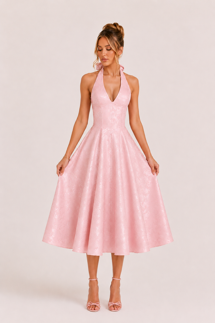 Midi-jurk halter hals vrouw elegante wijde rok - Elodie