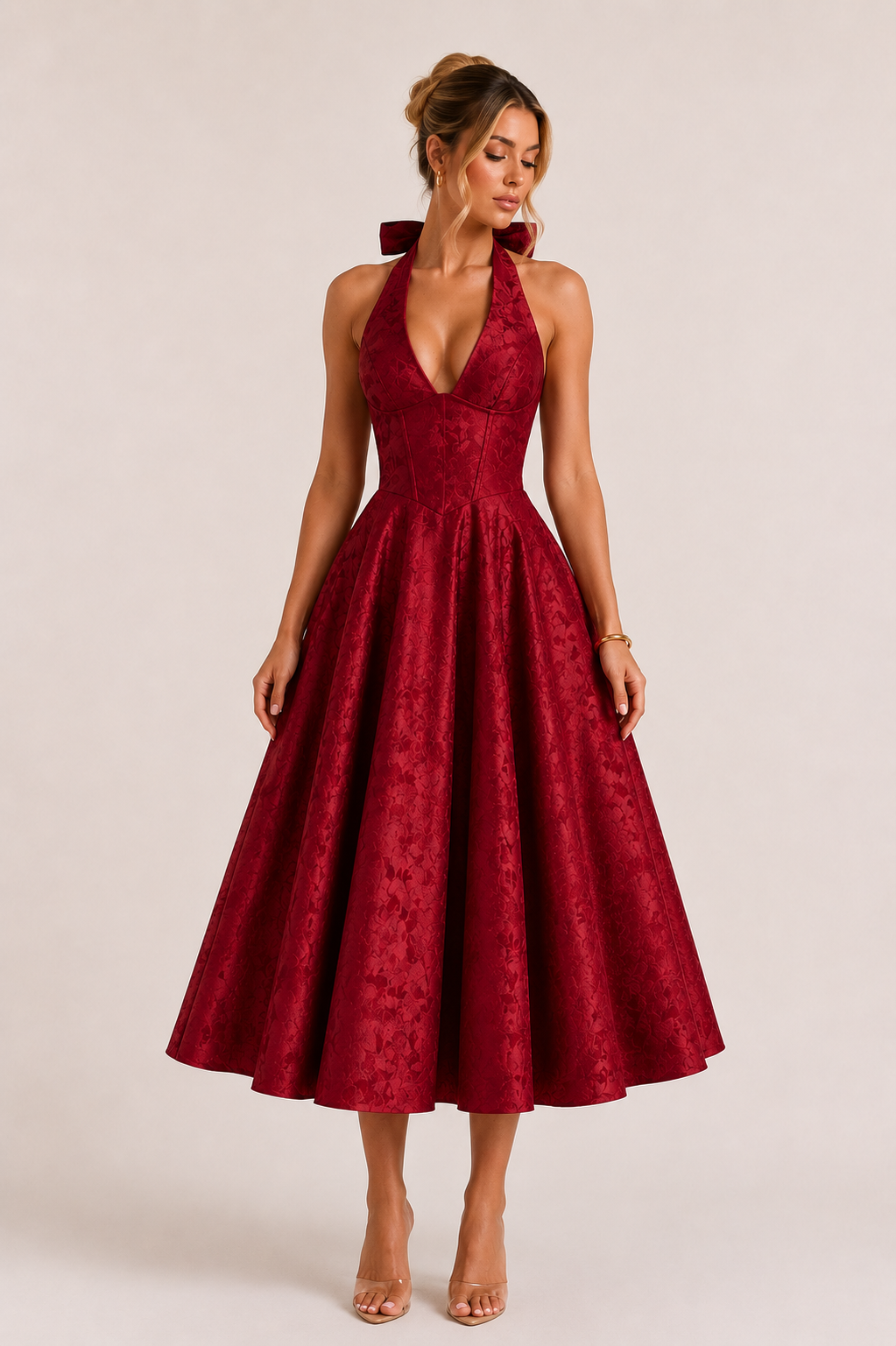 Midi-jurk halter hals vrouw elegante wijde rok - Elodie