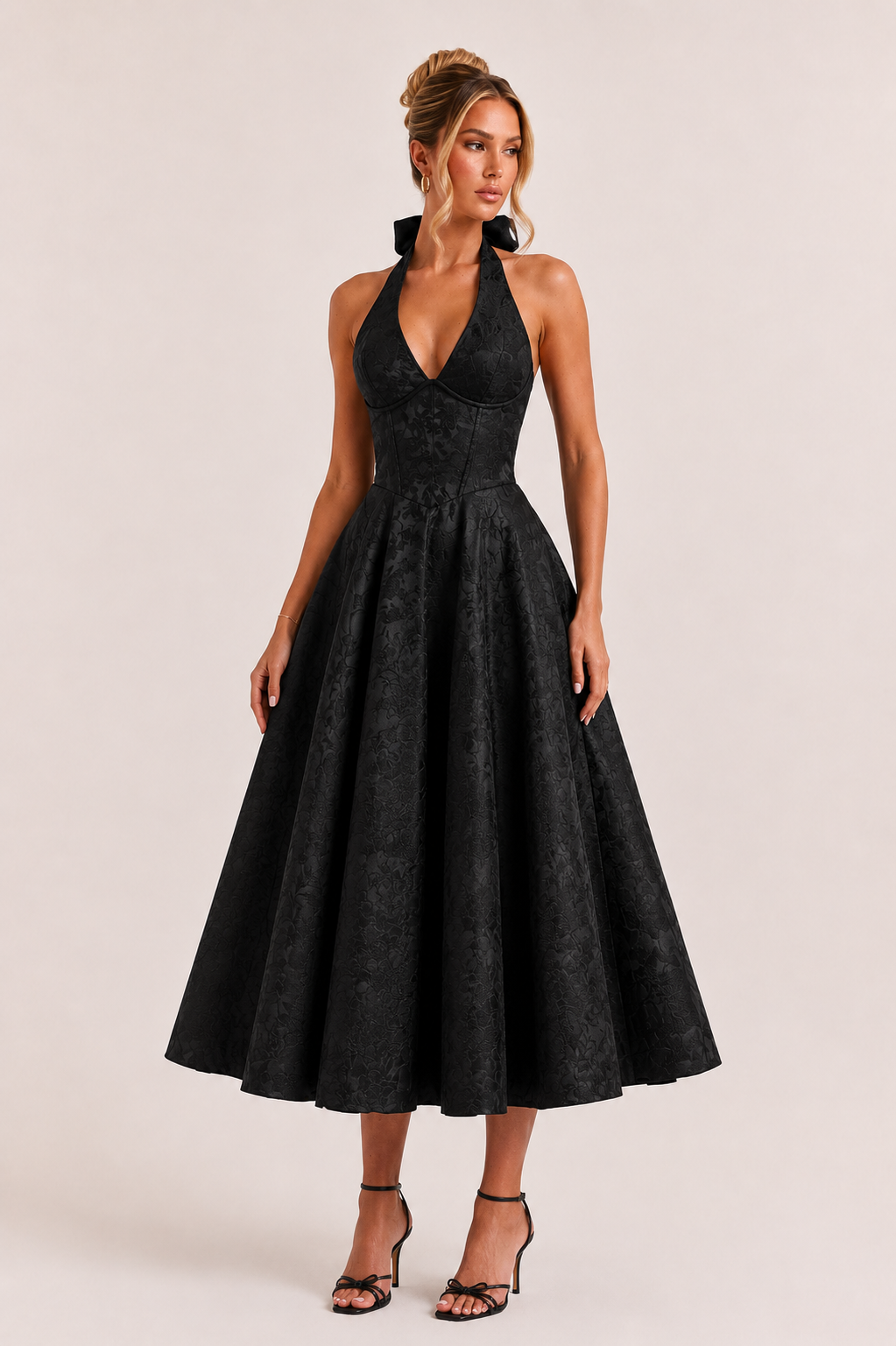 Midi-jurk halter hals vrouw elegante wijde rok - Elodie