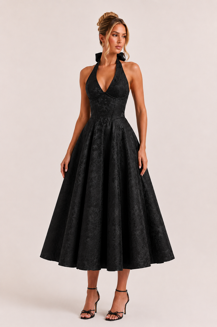 Midi-jurk halter hals vrouw elegante wijde rok - Elodie
